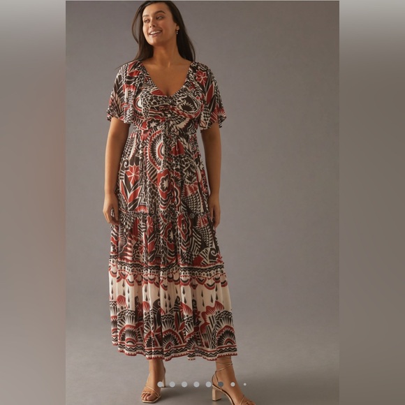 Anthropologie Dresses & Skirts - By Anthropologie XL Tiered Maxi Dress Red Pattern Short Sleeve V-Neck‎ Buttons